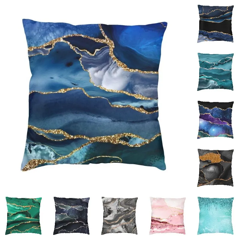 

Luxury Golden Blue Marble Quicksand Pattern Cushion Cover Polyester Pillow Case for Sofa Car Pillowcase Living Room Decoration