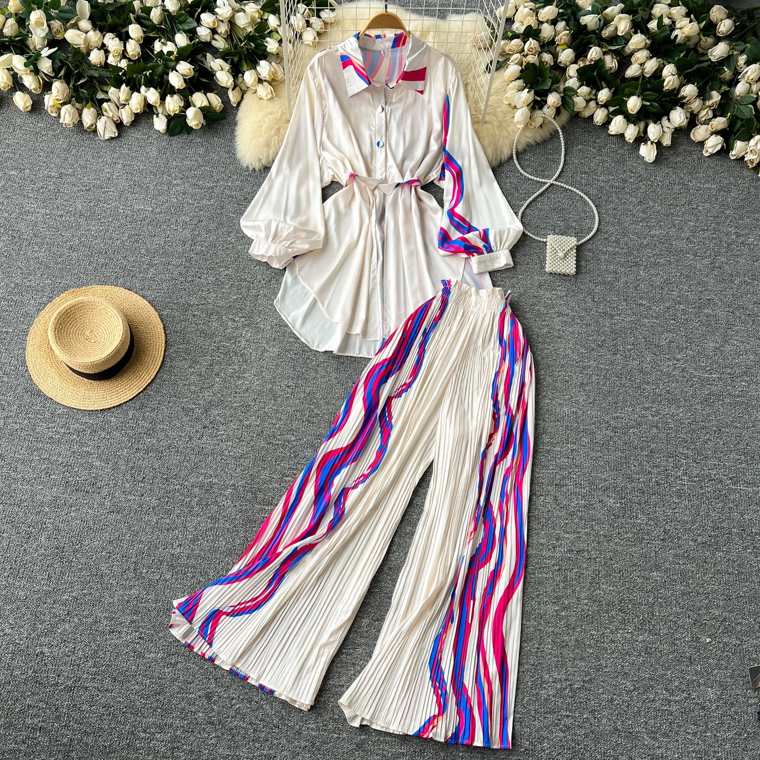 Clothland Women Vintage Print Blouse Pants Suit Loose Long Sleeve Belt Long Shirt Wide Leg Trousers Fashion Two Piece Set TA467