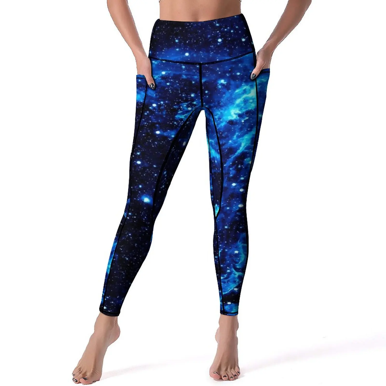 

Space Print Leggings Abstract Art Blue Fitness Yoga Pants Push Up Basic Sports Tights With Pockets Stretch Pattern Yoga Legging