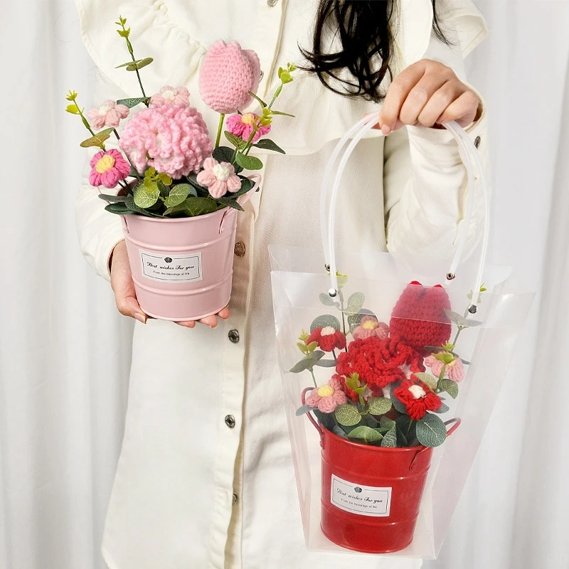 

Новинка, искусственный цветок на день матери, металлическое ведро, цветочное ведро, вязаный крючком шерстяной Подсолнух, готовый букет ручной работы