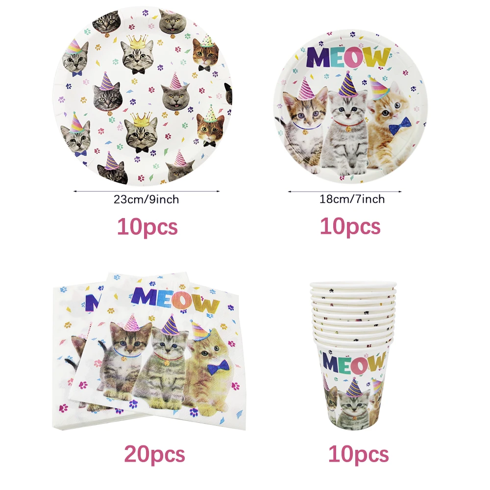 thumbnail image 1 of Decoración para fiesta de cumpleaños de gatos, lindo gatito, vajilla desechable, platos de papel, vasos, pancartas, suministros para fiestas temáticas de gatos para niños, 1 of 4
