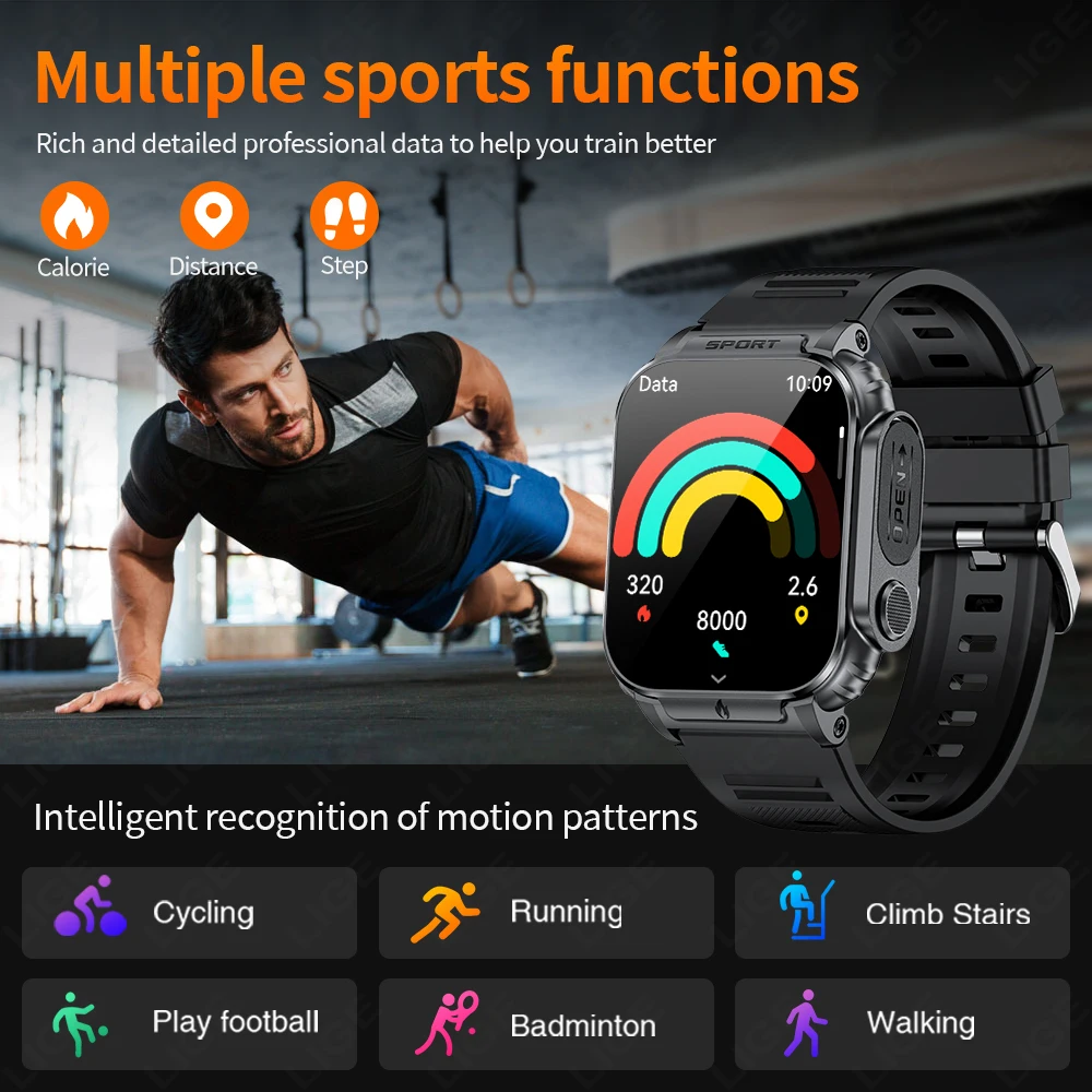 LIGE Lighter smartwatch Men Ignition Cigarette Lighting Ignition Outdoor Camping 500mAh Large Battery Tracker Sports Smartwatch 6