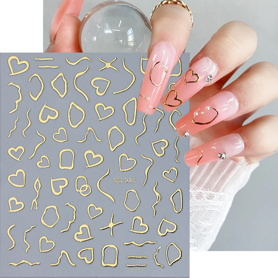 

Bronzing Gold 3D Curve Lines Nail Sticker Reflective Love Geometric Figure Nail Art Slider Stripe Tape Wrap Nail Design LESO223
