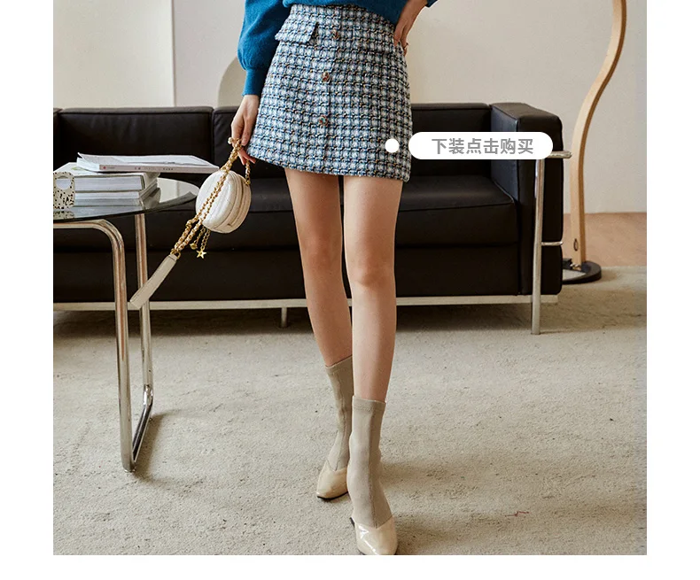 Plaid Skirt Aliexpress Tweed Skirt MOUKYUN Fall Winter Women Tweed Skirt  Office Lady Mid-long High