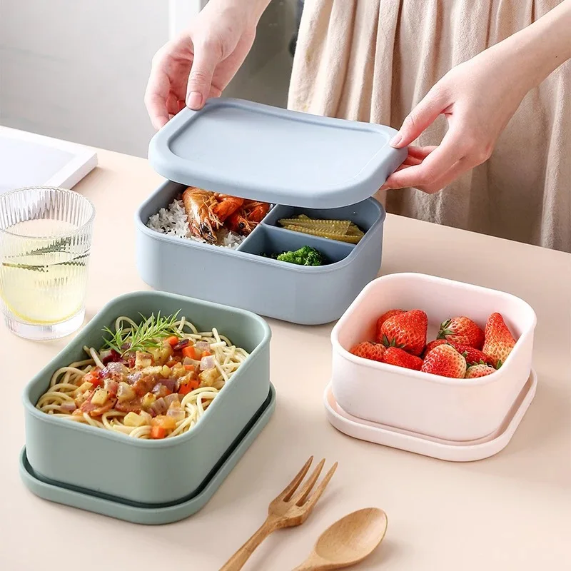 Food Grade Silicone 3-Grid Square Meal Box Convenient Fruit Snack carry High-Temperature Resistant Sealed Bento With cover