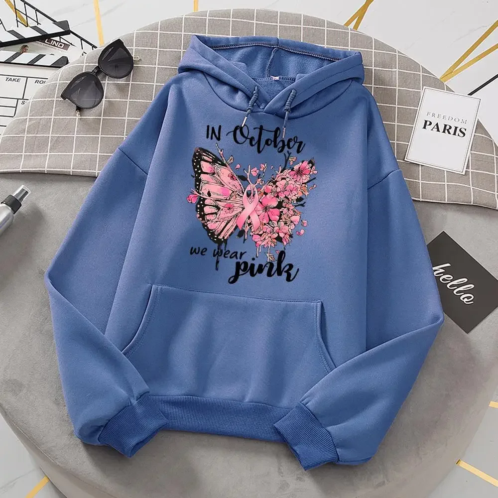 

In October We Wear Pink Ribbon Butterfly Flowers Hoody Women Street Casual Sweatshirt Loose Warm Hoodies Loose Fleece Streetwear