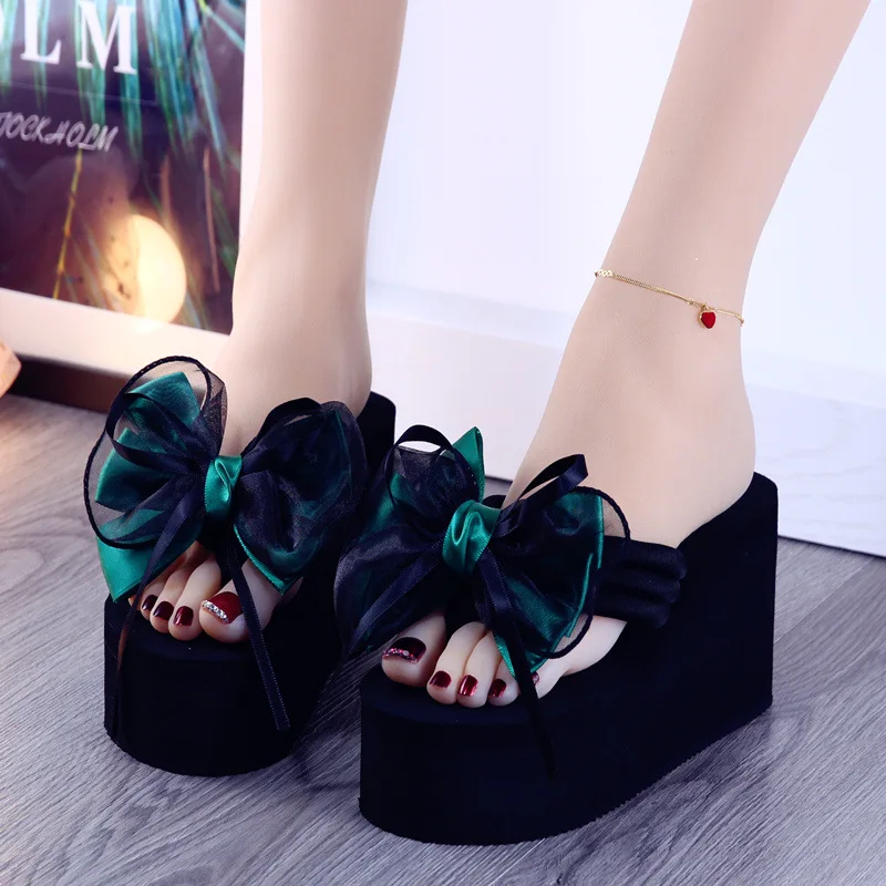 Feerldi 8cm Height Lovely Bow Slippers Home Outdoor flip-flop for