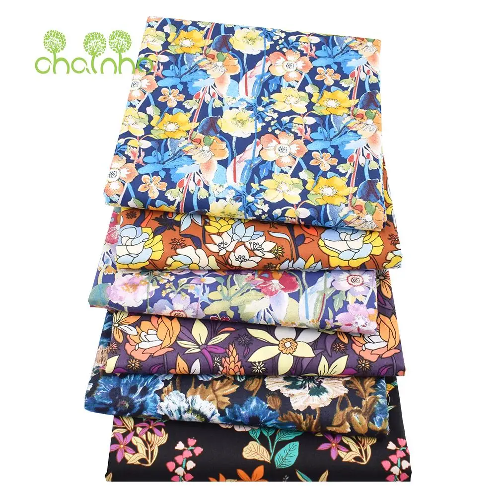 Chainho,Printed Plain Weave Poplin Cotton Fabric,DIY Quilting Sewing Material,Patchwork Cloth,Floral Series,3 Sizes,15PC26