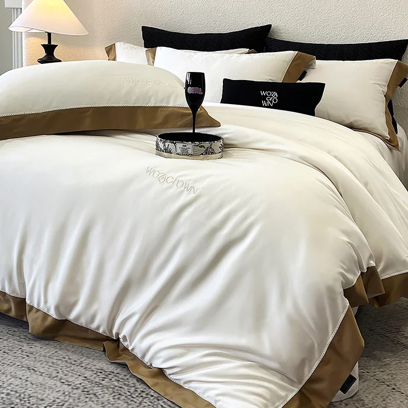 800TC Lyocell Cotton Luxury Bedding Set Soft Silky Pure Color Hotel Style Duvet Cover Bed Sheet Fitted Sheet Pillowcase 4Pcs