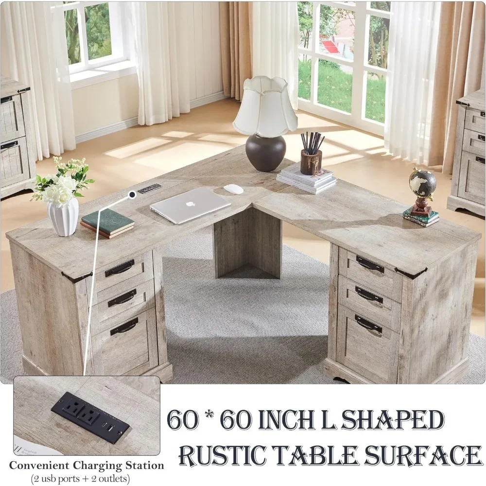 Office Furniture Desk Sets , 60Farmhouse L Shaped Executive Desk With Drawers Wood Home Office Cornenr With Charging Statio