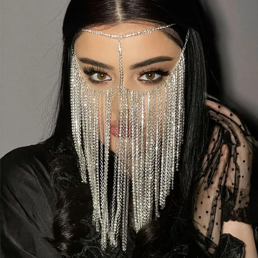 

New Water Drop Long Tassel Veil Mask Women Headwear Rhinestone Chains Face Mask Masquerade Dance Party Costume Sexy Face Jewelry