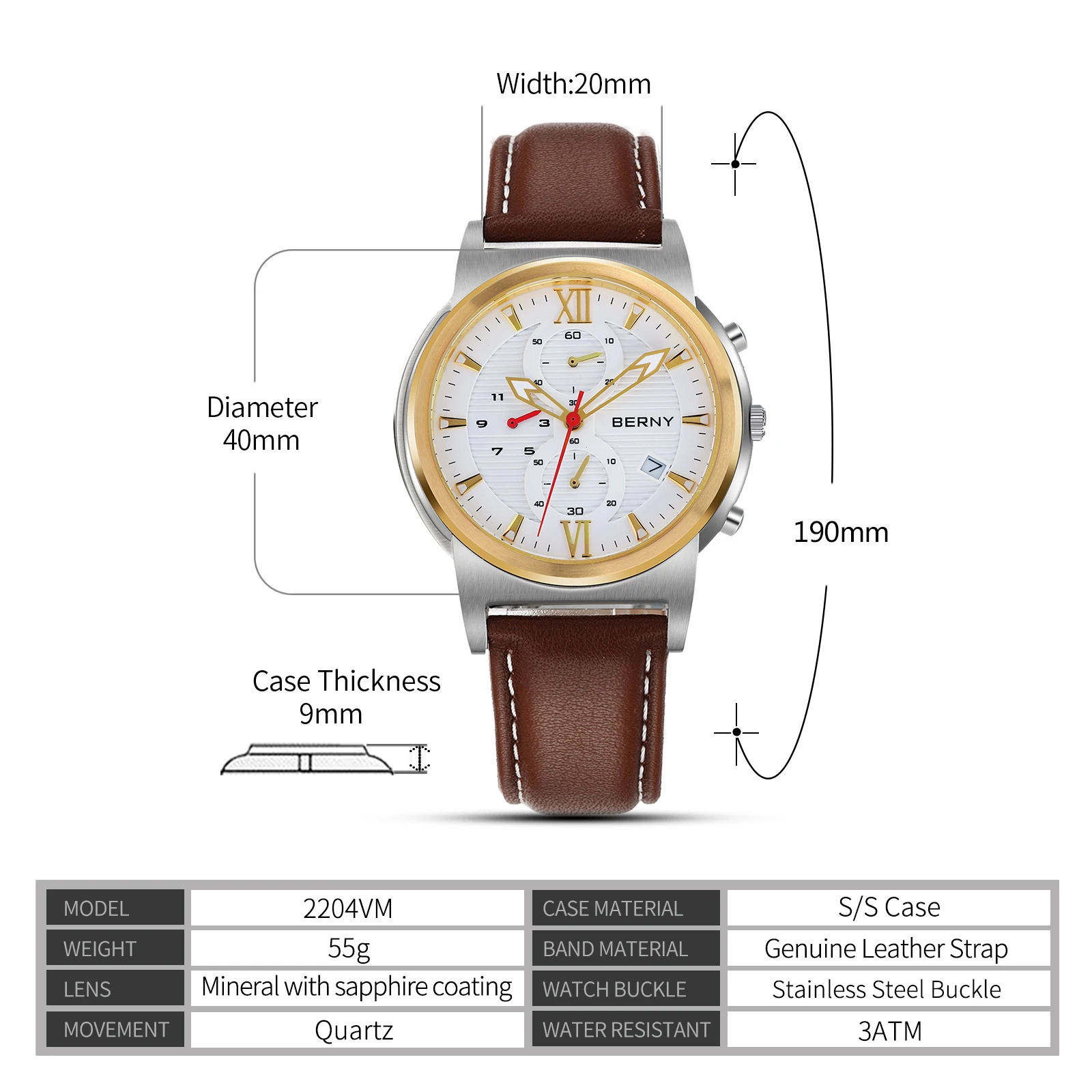 BERNY Men Quartz Watch Calendar Waterproof Leather Strap Male Clock Chronograph Luxury Sport Wristwatch Luminous Montre Homme 5