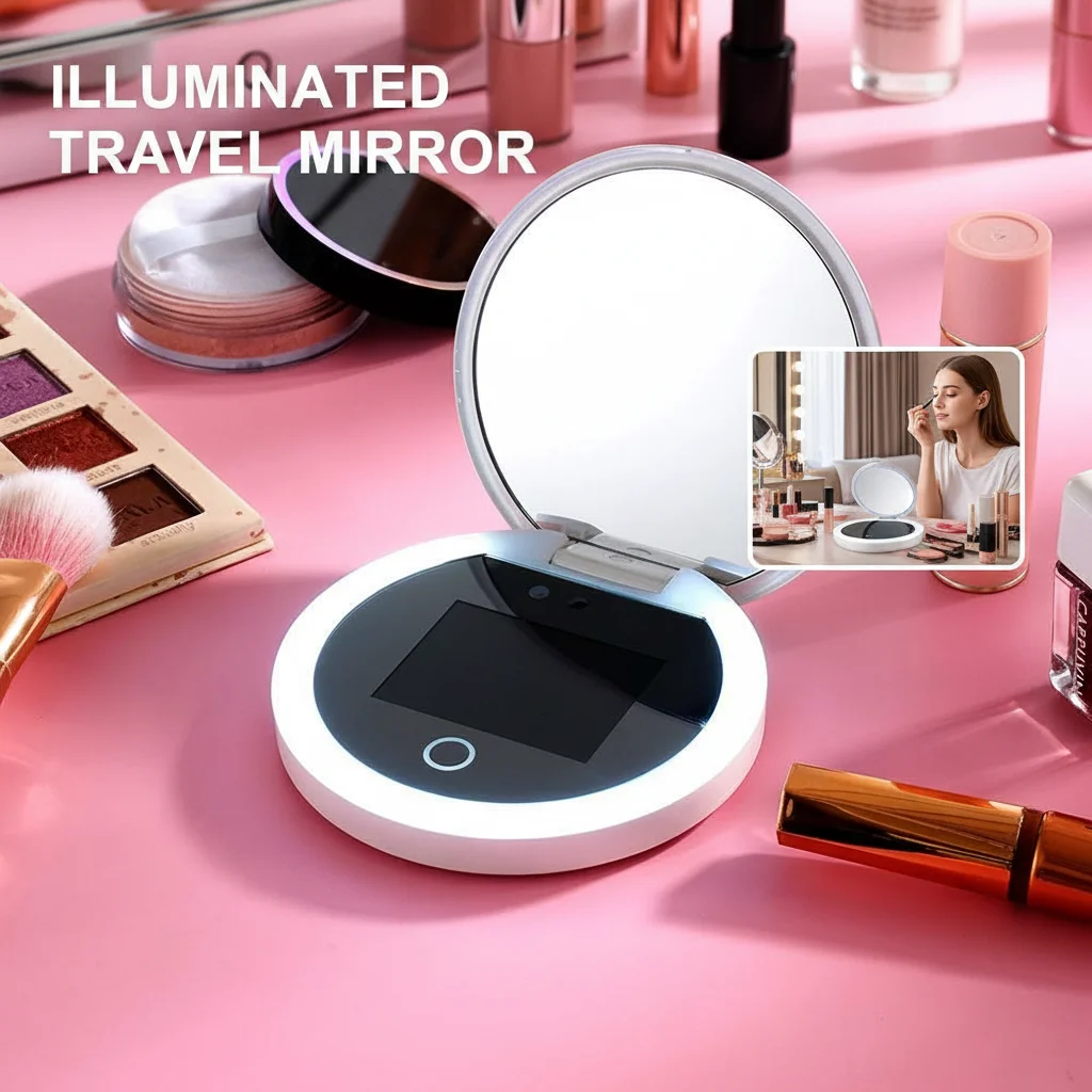 스마트 선스크린 LED 라이트 휴대용 화장 거울 UV 카메라 비주얼 페이스 선스크린 메이크업 거울