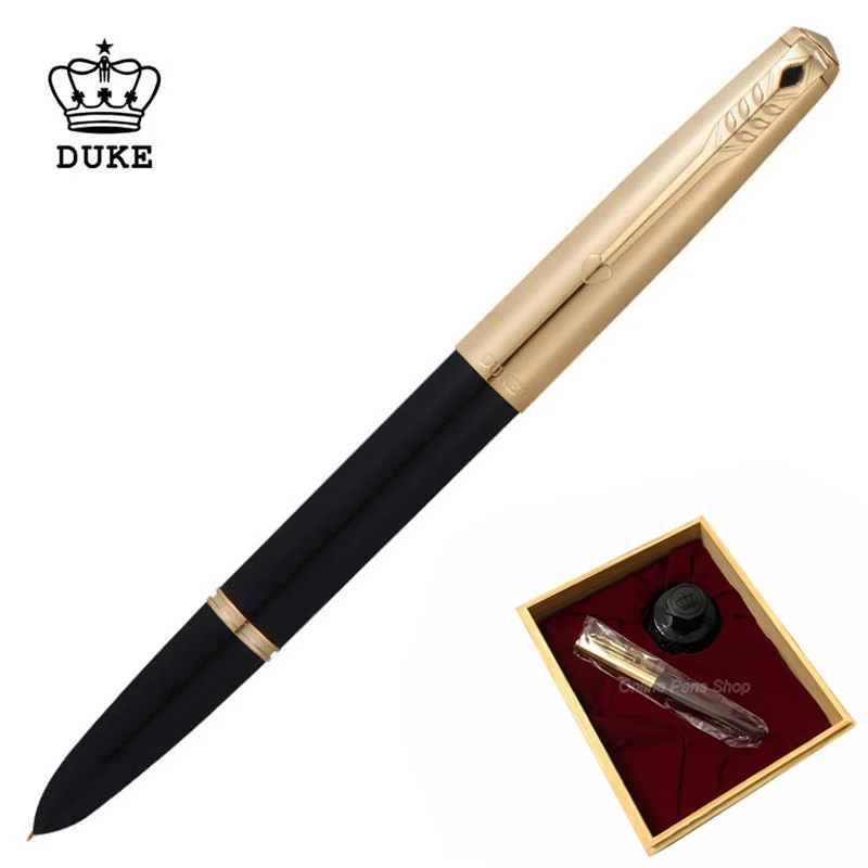 DUKE 14K Gold Nib Classic Fountain Pen Metal Black Semi-Steel Outstanding E Fine 0.38mm & Bent Nib Calligraphy Ink Pen
