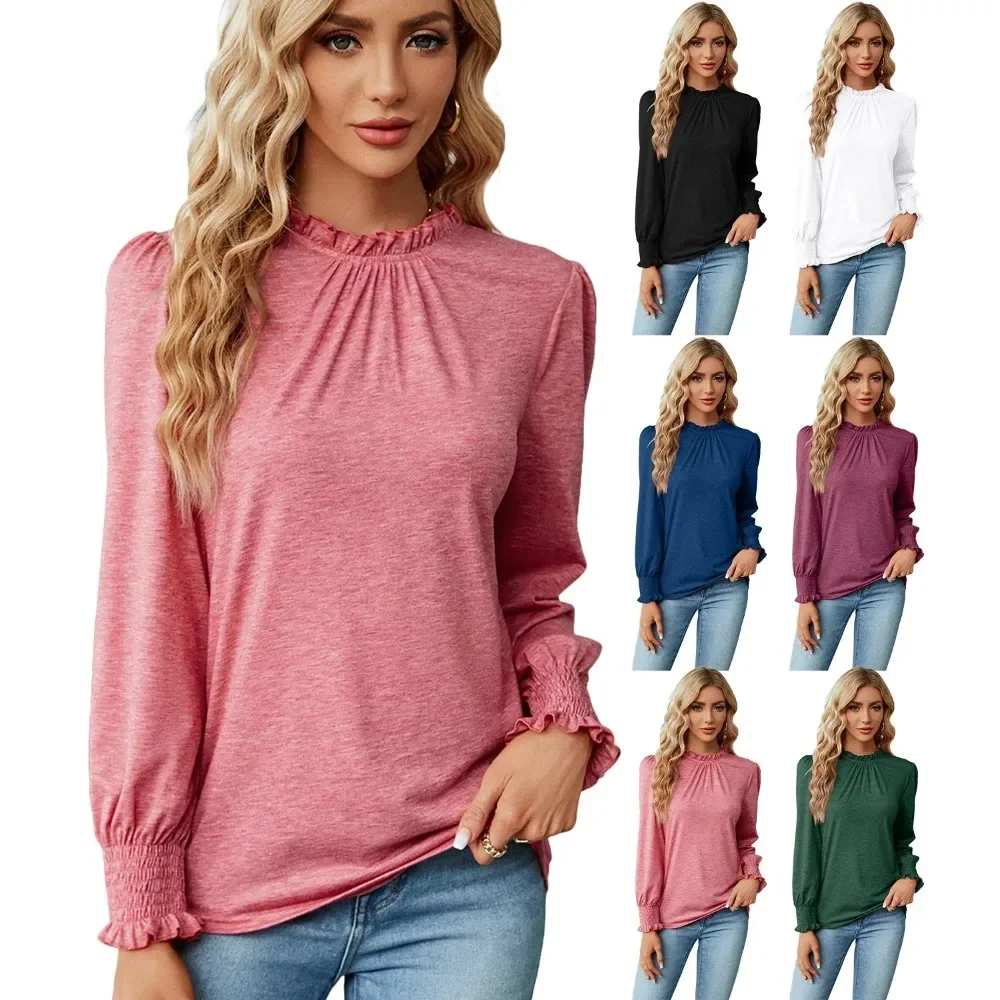 Women's Shirts and Blouses for Women Elegant Tops Shirring Korean Popular Clothes Blue Green Red Blouse Trend 2024 Clothing