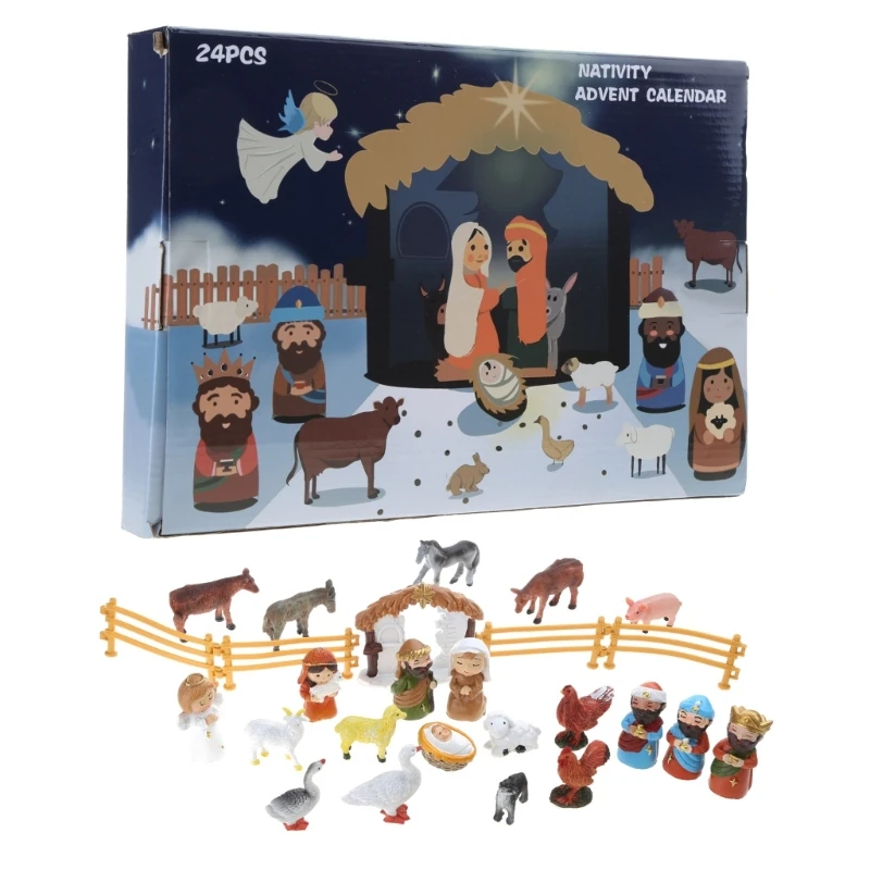 

Jesus Nativity Set 24 Mini Figurines, Holy Family, Magi, Shepherd, Angel, Sheep, Stable, Animals, Fences, Resin Material, for