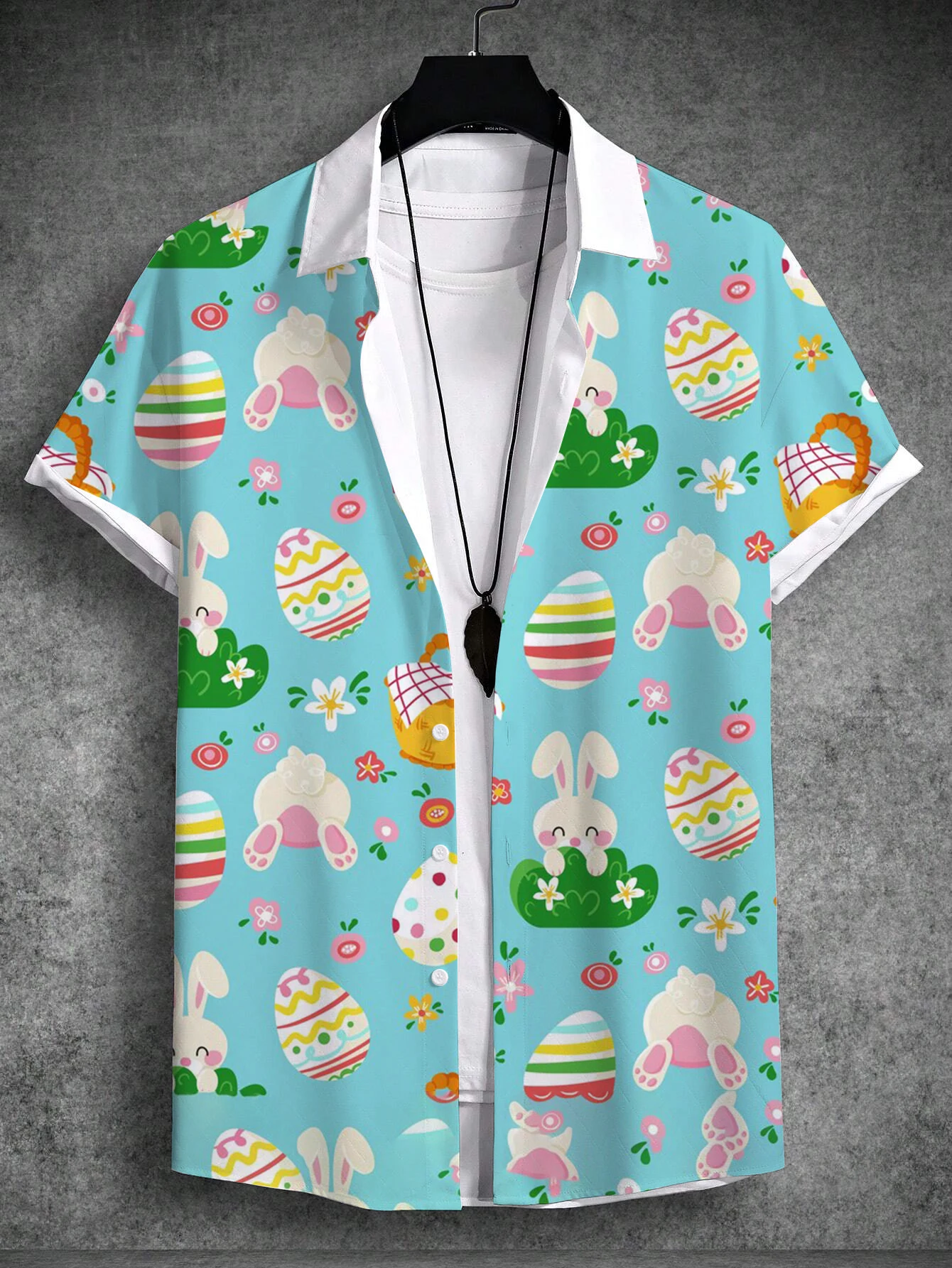 thumbnail image 1 of Camisa hawaiana de verano, camisa unisex con estampado de conejo, huevo, feliz Pascua, cuello vuelto, calle, exterior, manga corta, abotonada, ropa para hombre, 1 of 5
