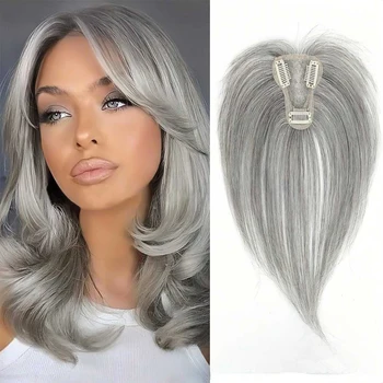 Topper per capelli umani Remy al 100% castano grigio cenere Clip in capelli Base in pizzo Topper Posticci per estensioni dei capelli da donna 12 pollici dritto