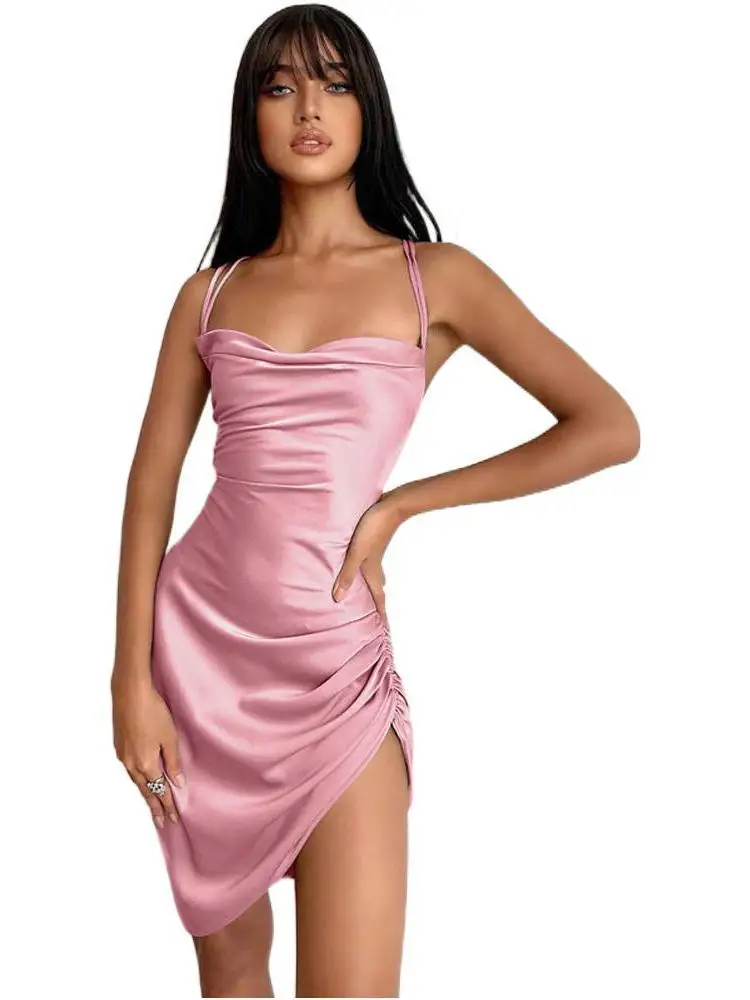 

Sexy Solid Satin Shirring Women's Summer Dress Sleeveless Spaghetti Strap Bandage Dresses For Women 2023