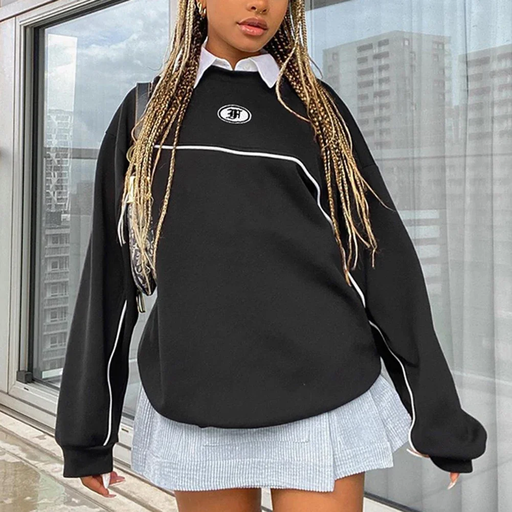 Harajuku Y2k Sweatshirt Women Letter Print Hoodies Preppy Style Black Striped Sweat Pullover E Girl Tops Streetwear Women 2024