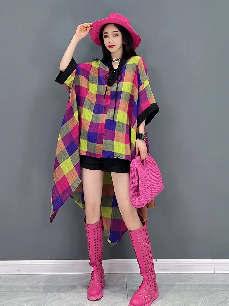 

New spring 2023 women long v-neck shirt half sleeve blouse checked dress posed irregular loose comfortable cotton and linen