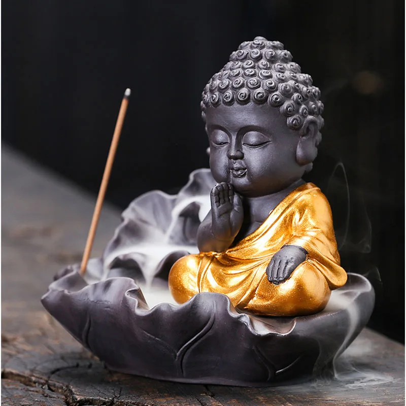 Ceramic Little Monk Smoke Backflow Burner Incense Stick Holder Maitreya Buddha Statue Porcelain Waterfall Censer Home Decor