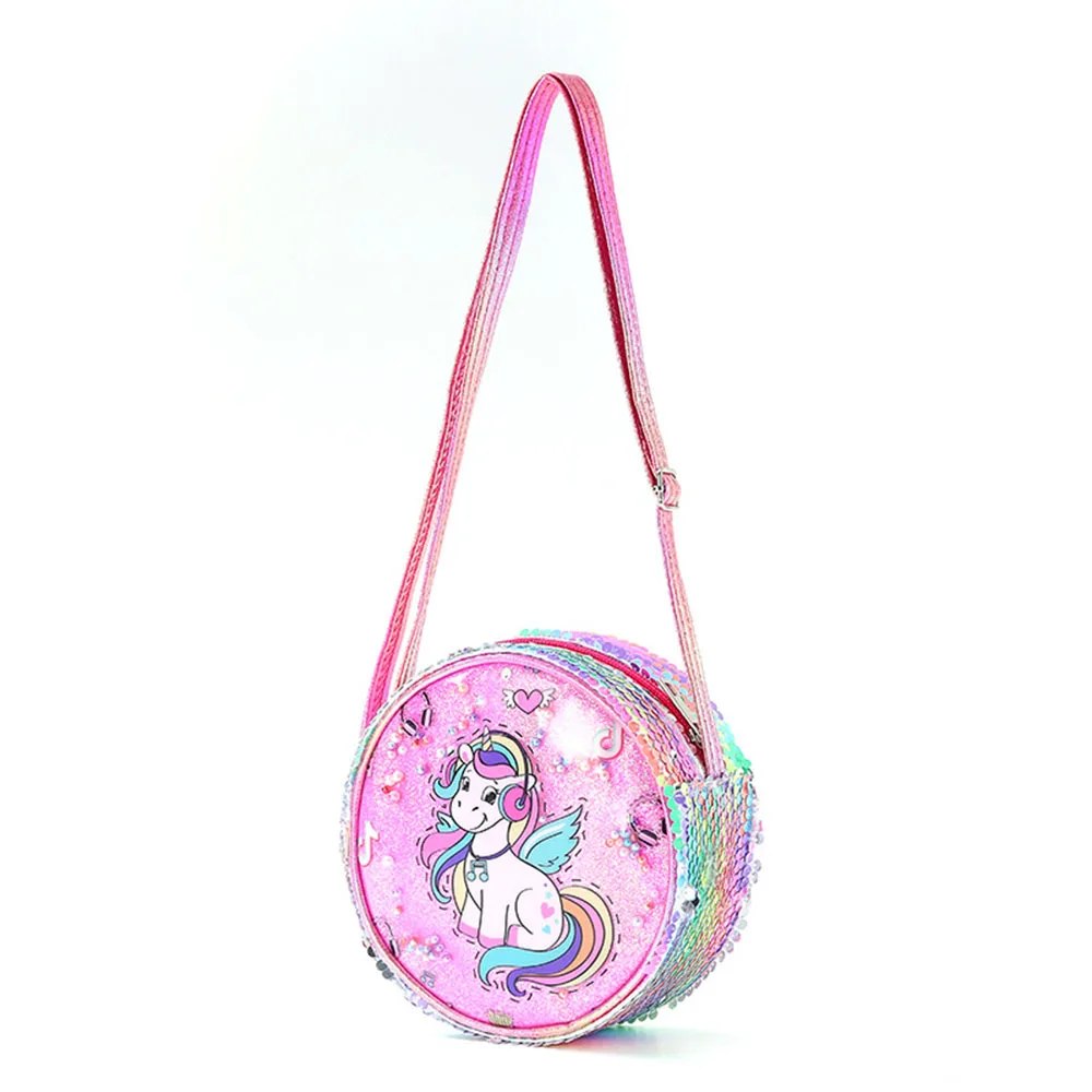 Kids Shoulder Bag Girls Sweet Cartoon Pattern Sequin Crossbody Bags Fashion Unicorn Casual Outing Versatile Round Bag