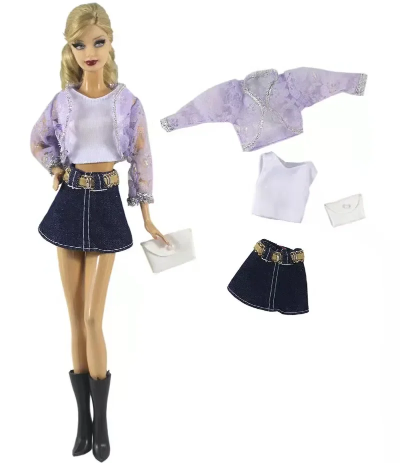

11.5" Purple Clothes Set For Barbie Doll Clothes Outfit Lace Jacket Coat Tank Top Jeans Skirt Purse 1/6 BJD Accessories Kids Toy