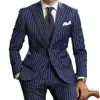 Fashion Striped Men Suits Navy Blue Chic Single Breasted Peak Lapel Outfits Smart Casual Pinstriped Male Suit (Blazer+Pants) 2