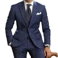Fashion Striped Men Suits Navy Blue Chic Single Breasted Peak Lapel Outfits Smart Casual Pinstriped Male Suit (Blazer+Pants) 2