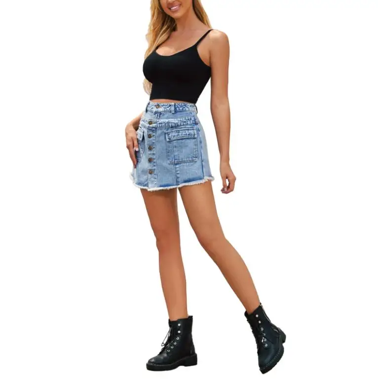 Summer streetwear Solid Color Flap Pocket Belt Loop Culottes Adult shorts Summer Women 2023 Sexy High Waisted blue Button Shorts
