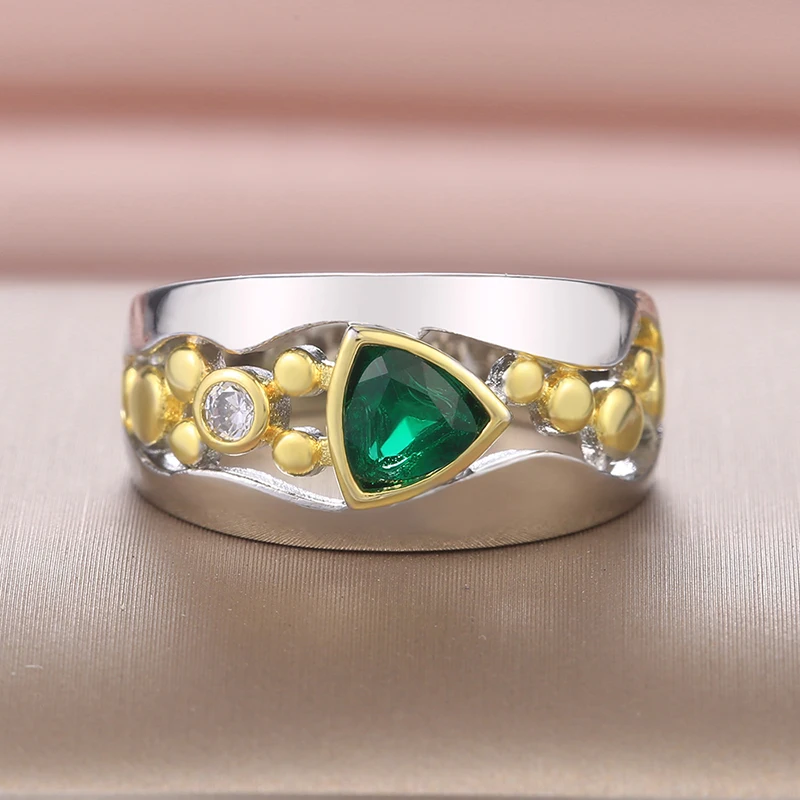 Huitan Two Tone Design Triangular Blue/Green CZ Women Rings - Image 18