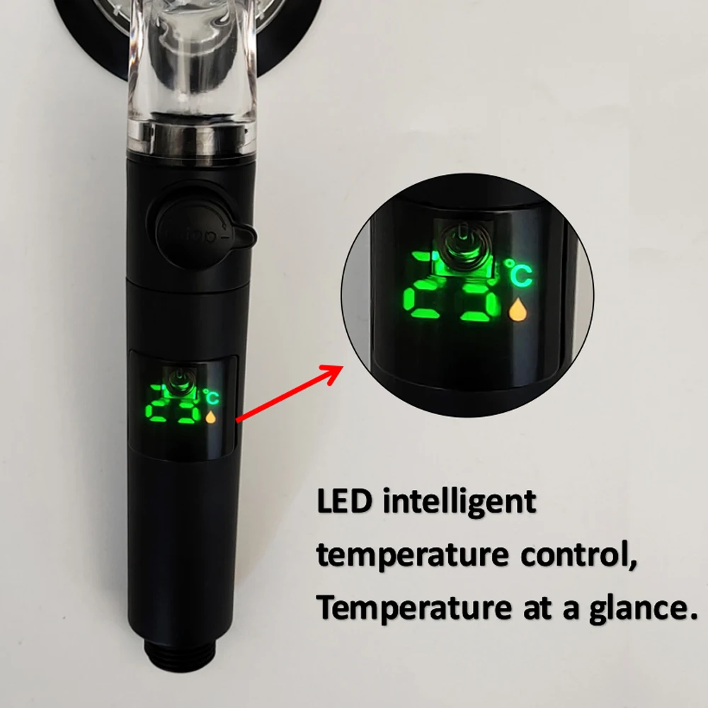 Temperature Display Turbo Propeller Shower Head High Pressure Water Saving With Stop Button Handheld Bathroom Shower Head 2