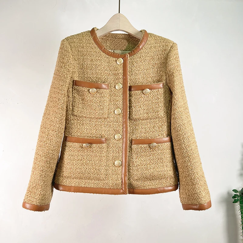 

Runway Vintage Pocket Design Woolen Tweed Fashion Jacket Women's Clothes Luxury Coats Female Casacos Blouse Outwear