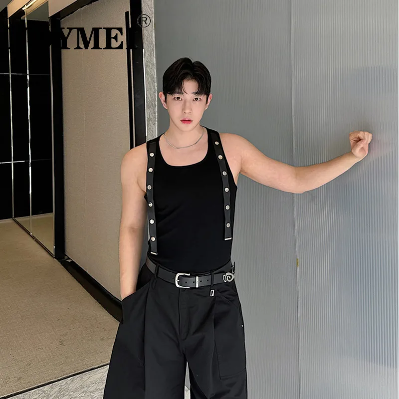 NOYMEI 남성용 탱크 탑, 시크 올매치 타이트 조끼, 실버 버클 스트랩, 라운드 넥, 민소매, 틈새 디자인, 2024 여름, WA4519