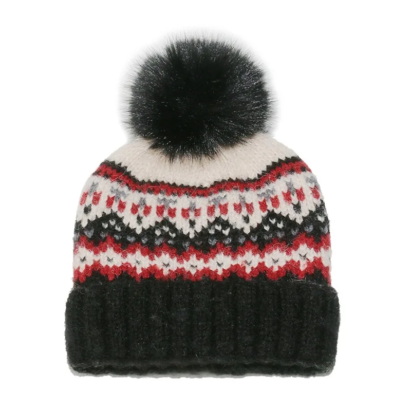 Neue Beanie-Mütze für Damen, Häkelstrick, Slouchy Pom Pom, handgefertigt, klobige, winddichte Beanie, Winter, Ski, warme Totenkopfmütze – Detail 1