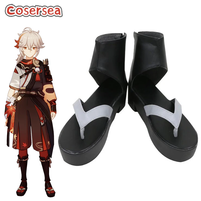 

Cosersea Game Genshin Impact Kazuha Cosplay Shoes Female Or Male Black PU Leather Flat Women Sandals Halloween