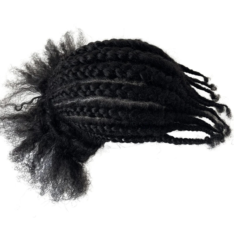 Mongolian Virgin Human Hair Hairpieces 1# Jet Black Color Cornrow Braids Unit 8x10 Full PU Toupee for Black Men
