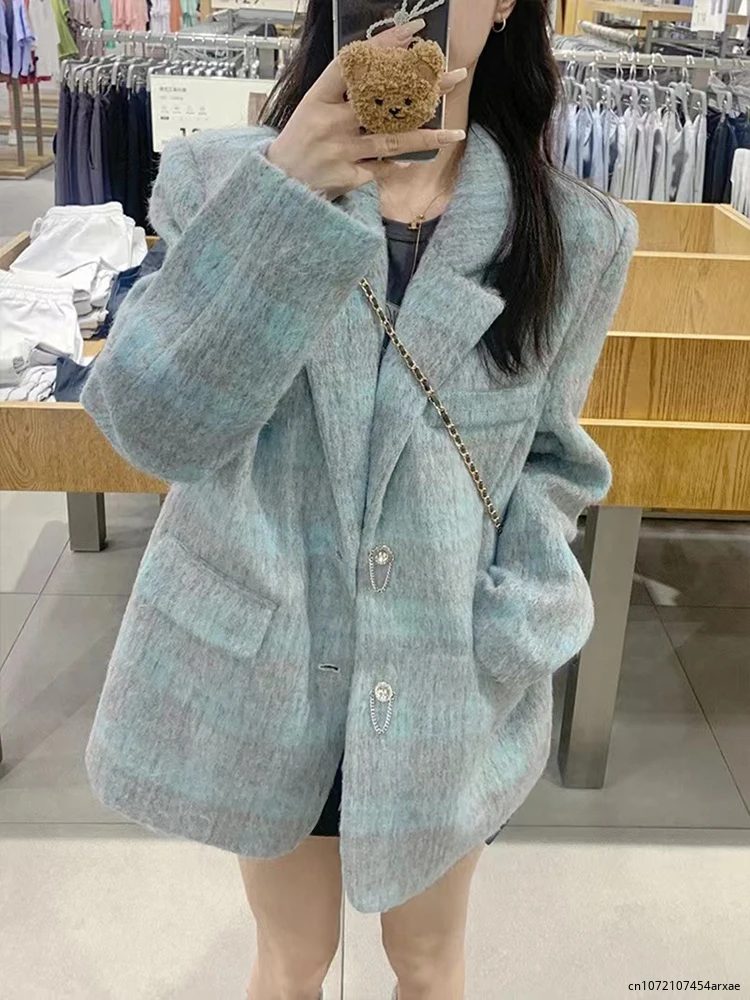 

Plaid Jacket Women Faux Fur Coat 2023 Fall Winter New Long Sleeve Turn-down Collar Blazer Coats Vintage Button Outerwear
