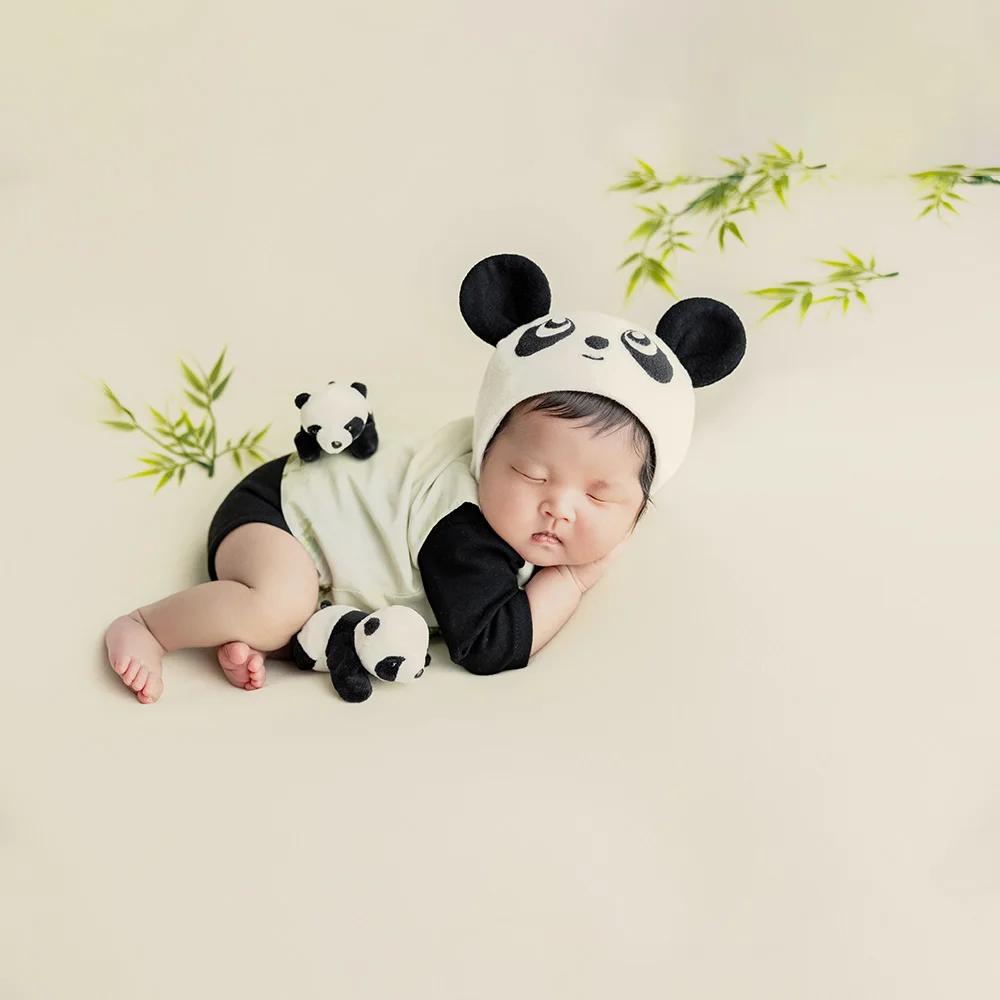 Newborn Bear Outfit for Photography Lovely Panda Theme Baby Clothes Hat With Ears Doll Bamboo Full Month Infant Photoshoot Props