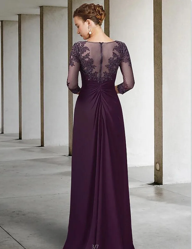 Elegant Wedding Guest Dresses Long Applique Women's Evening Dress Chiffon Formal Sheer Neck Mother of the Bride Dress