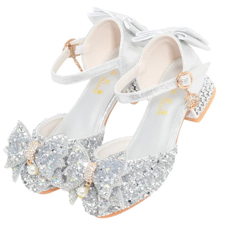 Children's High Heel Princess Shoes Silver Crystal Dance Shoes For Girls Summer Performance Hostess Shoes Kids Fashion Leather S 5