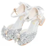 Children's High Heel Princess Shoes Silver Crystal Dance Shoes For Girls Summer Performance Hostess Shoes Kids Fashion Leather S 5