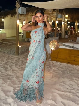 Print Tassels One-piece Long Dress Women Elegant Scarf Collar Sleeveless Backless Slim Party Dresses New Fashion Ladies Vestidos 1