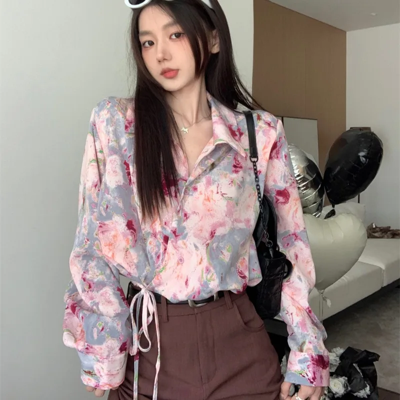 DAYIFUN Large Size Shirts Women Lapel Long Sleeved Printed Blouses Female Spring Autumn New Lace Up Design Unique Niche Tops