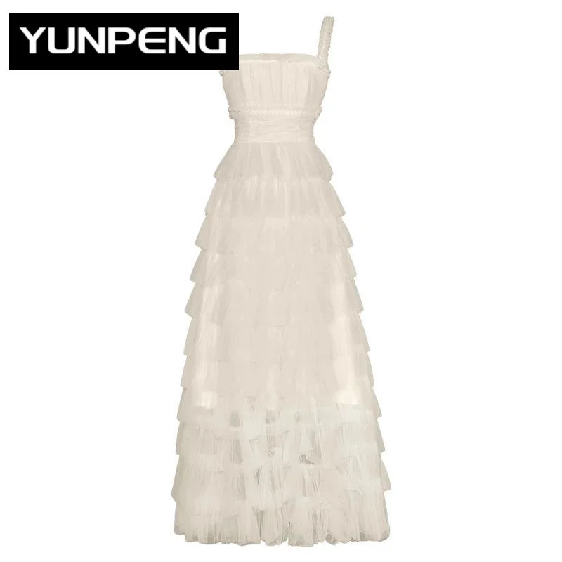 

Summer Mesh Long Dress Women Slash Neck Sleeveless Cascading Ruffle Elegant Party Backless Dresses For Women 2023 Runway Luxury