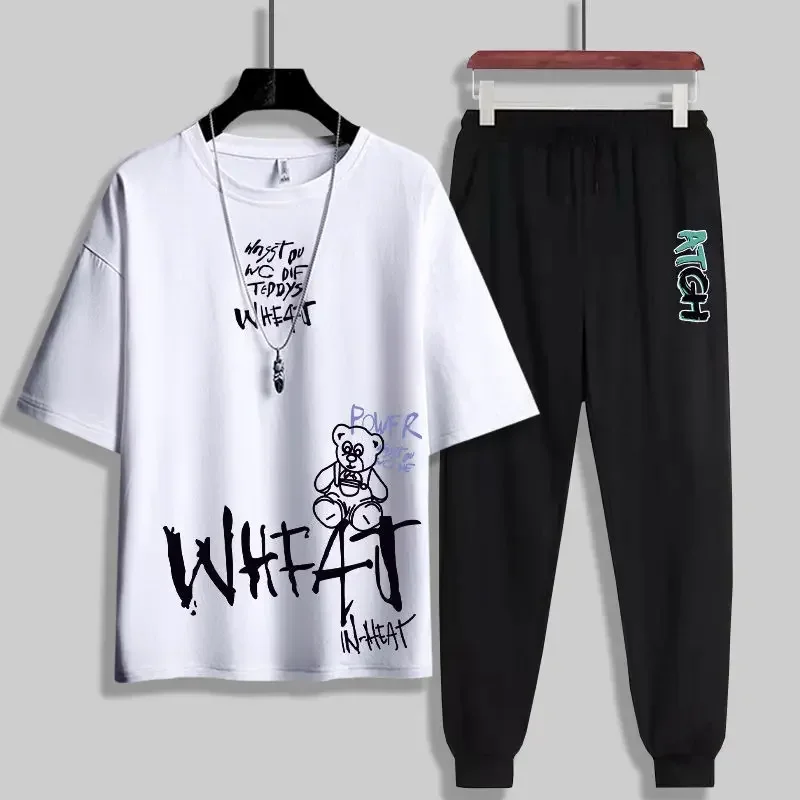 thumbnail image 1 of Conjuntos de pantalones para correr, chándal estampado, ropa para hombre, camiseta blanca, camiseta con alfabeto para hombre, trajes deportivos de algodón, manga corta, baratos, 1 of 5