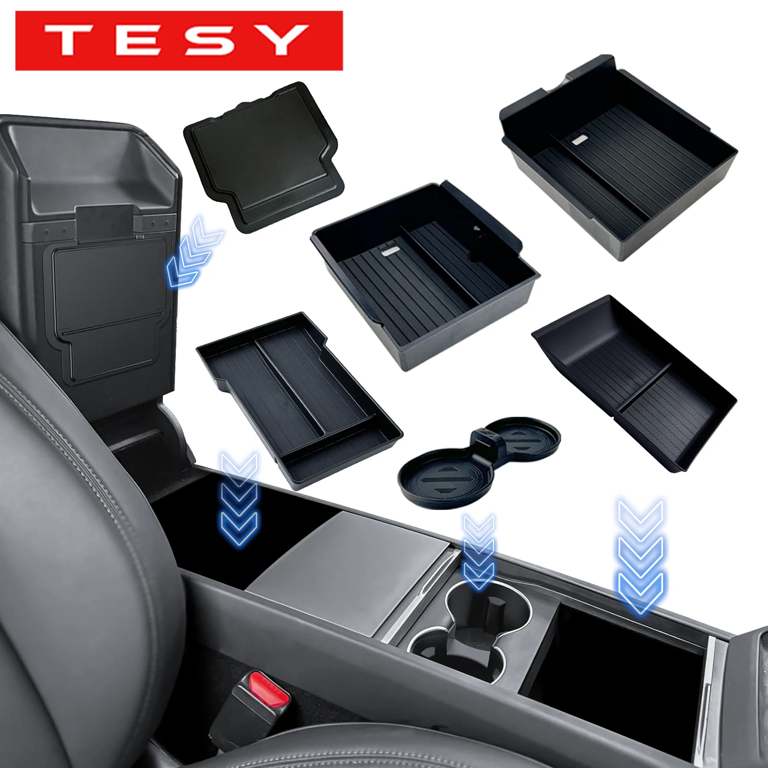 Enhanced Console & Armrest Storage Box with Non-slip Mat and Watercup Holder
