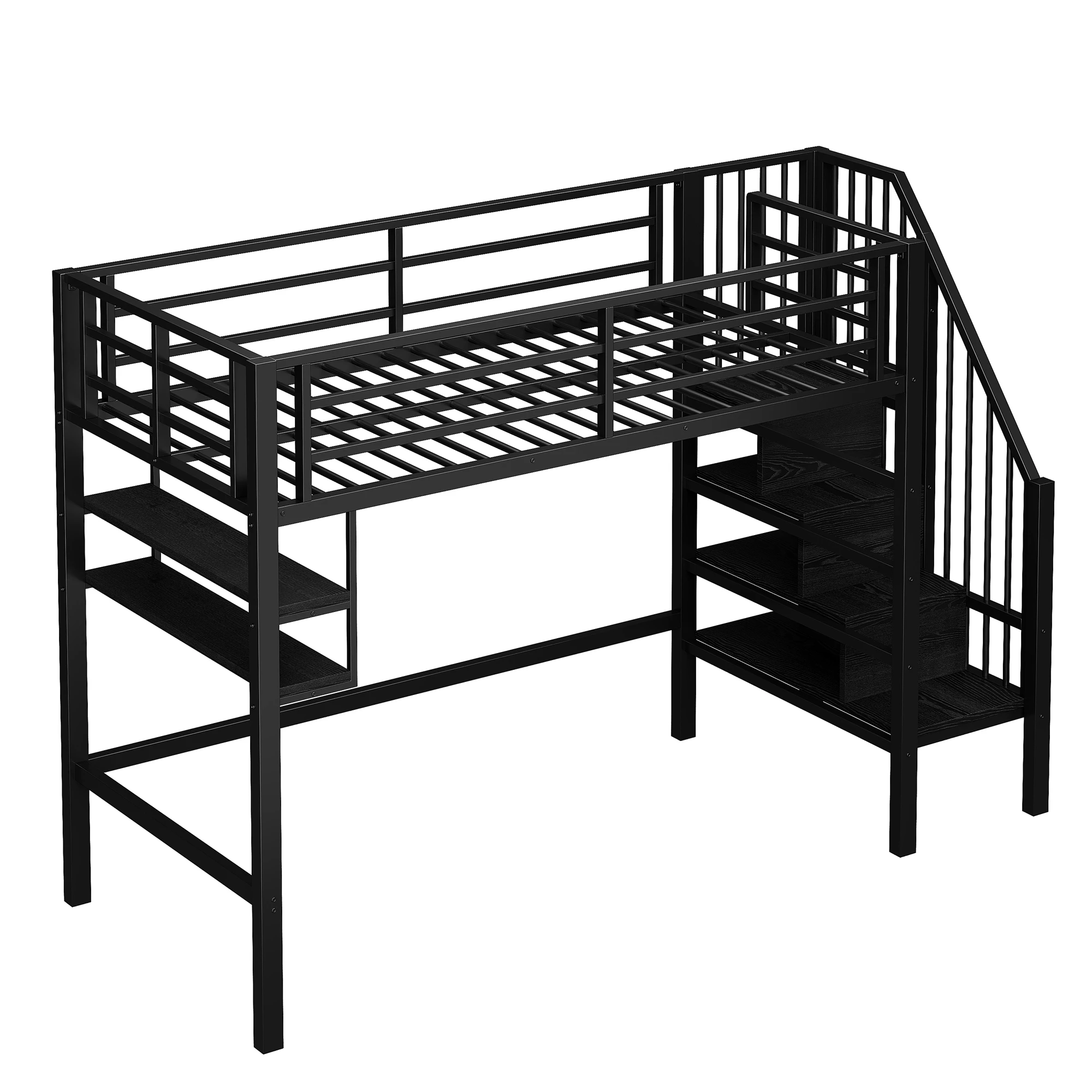 Hochbett, 90*200cm, Regale, Aufbewahrungstreppe, Stauraum unter dem Bett für Verkleidung, Geländer, ohne Matratze, schwarz – Detail 12