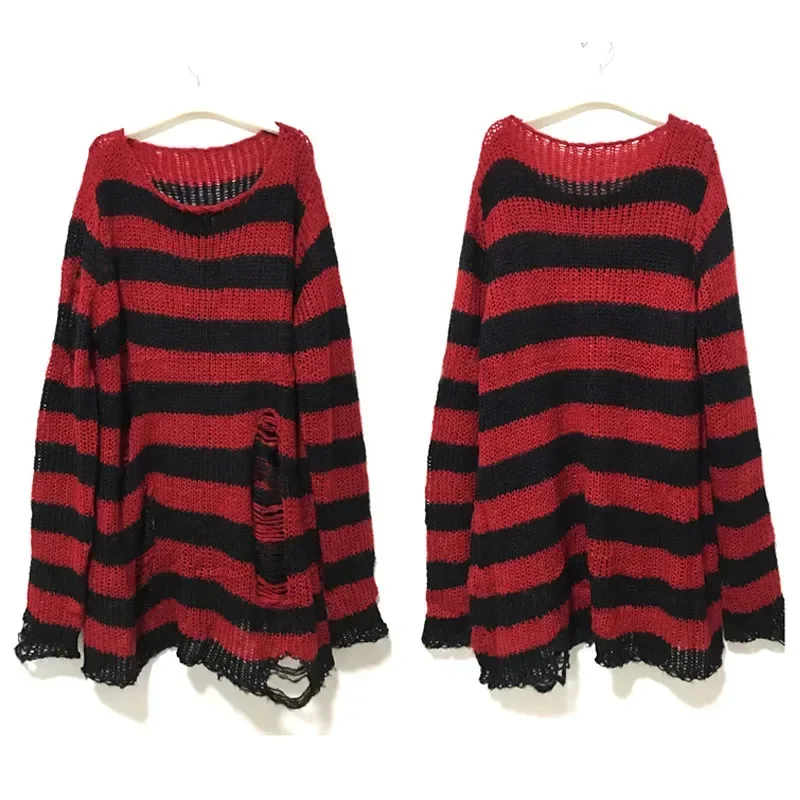 Autumn Punk Gothic Top Long  Unisex Sweater Women Striped Cool Hollow Out Hole Broken Jumper Loose Rock Thin Dark Streetwear 2
